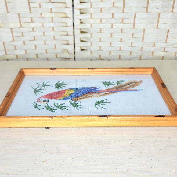 Vintage Parrot Cross Stitch 13x7.75 Faux Bamboo Frame - Picture 7 of 8